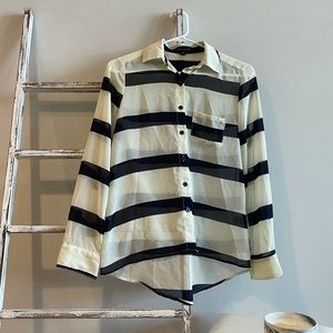 Sheer eggshell cream & navy stripped sheer long sleeve button down for women